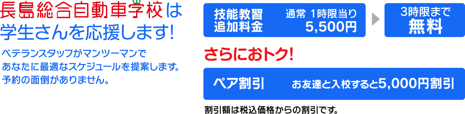 長島総合自動車学校は学生さんを応援します！　技能実習追加料金3時限まで無料　ペア割引